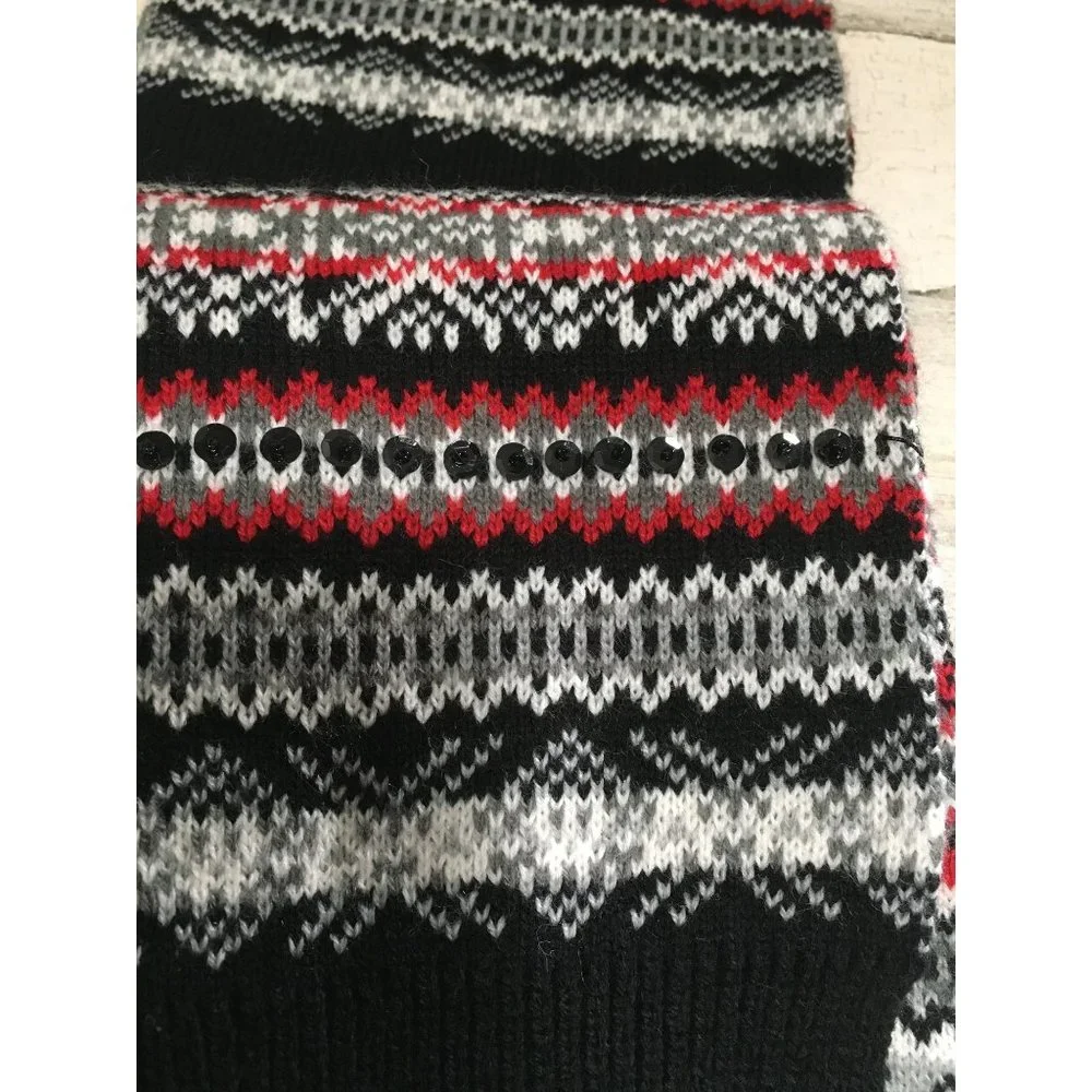 Black red white abstract designed with sequins scarf with fringe
